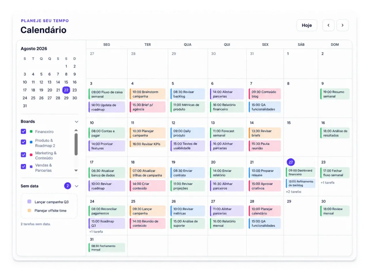 Calendário do Birdtask com tarefas distribuídas ao longo do mês