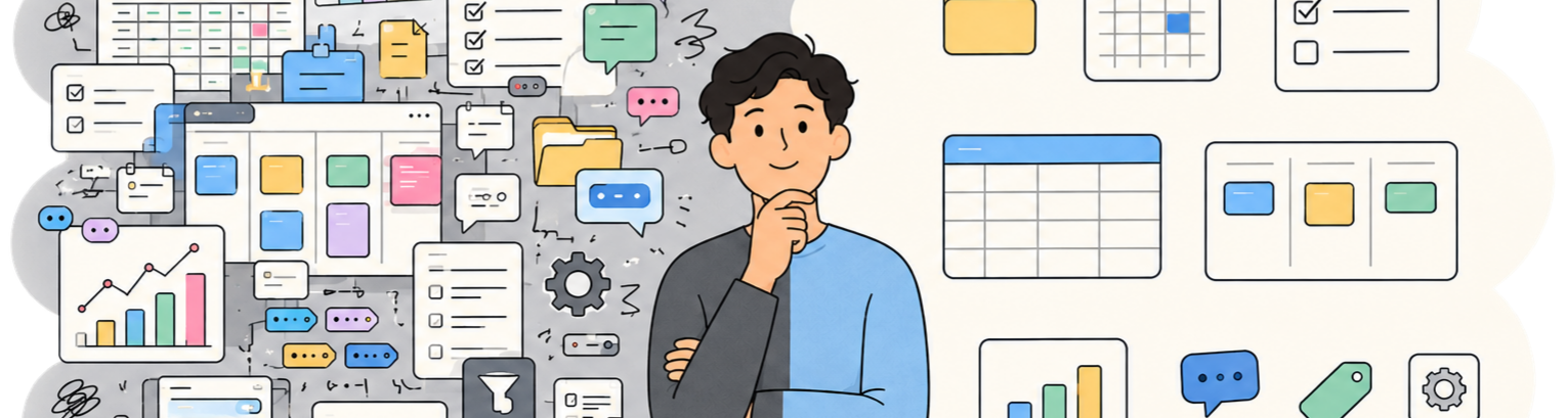 Comparação entre uma ferramenta sobrecarregada de recursos e uma organização simples e focada